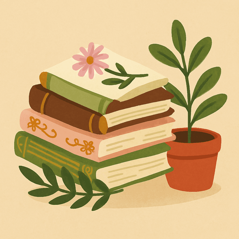 A stack of books with flowers